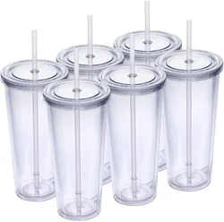 24oz Double Wall Plastic Tumblers with Lids and Straws Large Capacity Travel Tumbler Clear Reusable Cups with Straws 1p,4pcs/set