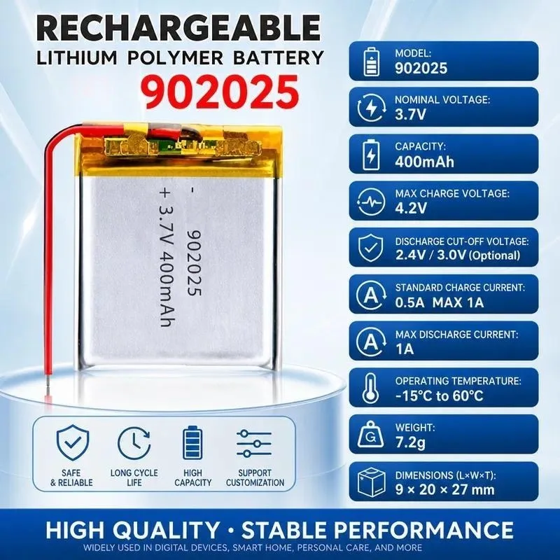 902025 3.7V 400mAh Lithium Polymer Battery Rechargeable Li‑po Battery for Mini Speaker Bluetooth Headset Smart Watch