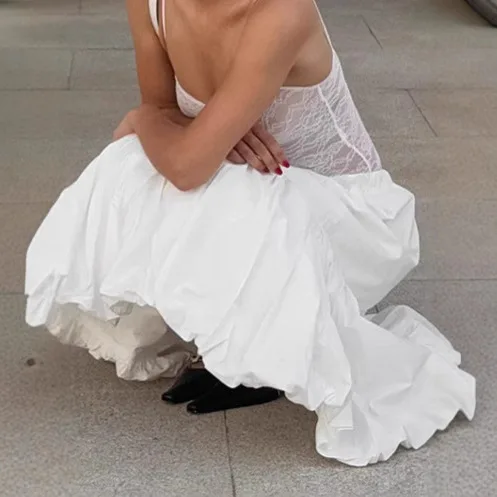 프렌치 스타일 우아한 화이트 튤립 스커트, 2025 여름 신상, 하이웨이스트 미디길이 A라인 스커트