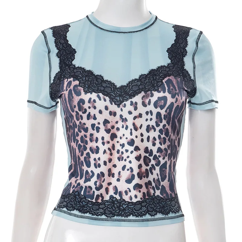 

Summer new comfortable and versatile slim fit retro leopard lace print t-shirt for women
