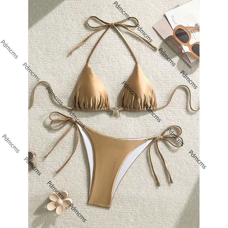 

2025 new bikini European and American lace-up solid color split swimsuit women's beach hot spring swimsuit