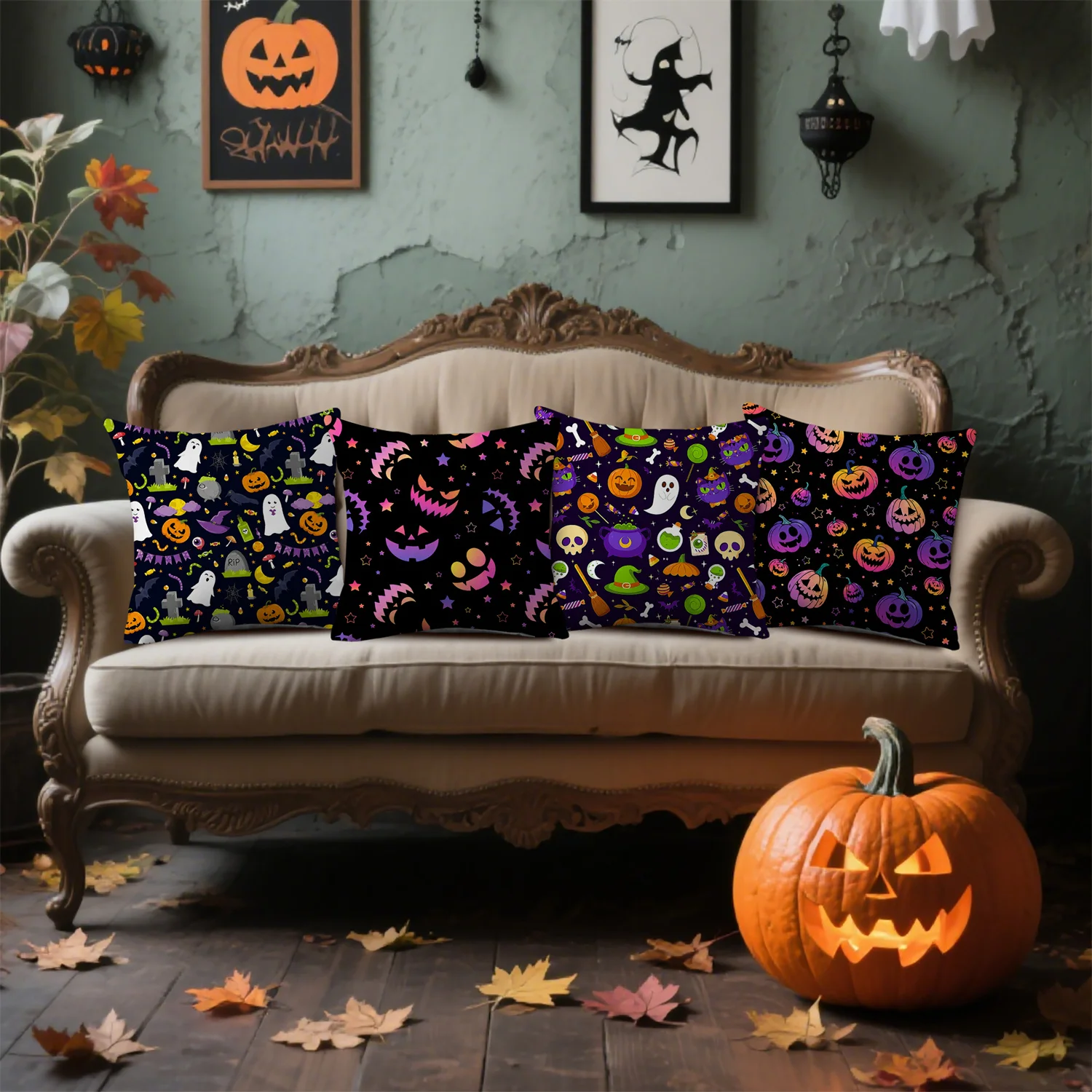 4pcs Halloween Throw Pillow Covers with All Over Printed Colorful Pumpkin Skull Cauldron Star for Indoor Outdoor Halloween