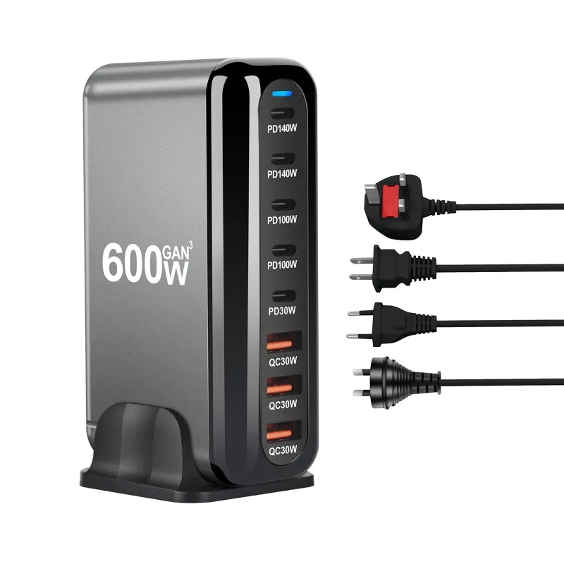 

600W Gan Fast Charge 3.0 USB Type C Charger 8-Port 5C 3A PD Desktop Mobile Phone Tablet Fast Charger Station Convenient Carry