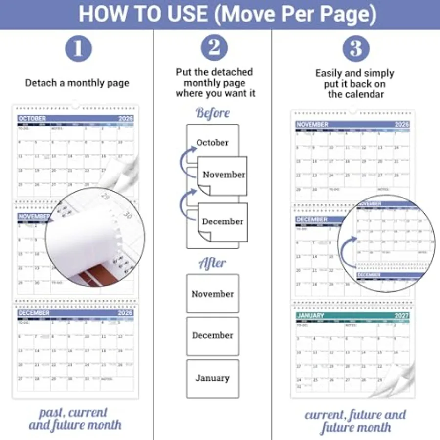 Calendario de 3 meses 20262027 20262027 Calendario de pared de enero de 2026Dec.2027 Moveae Calendario de visualización de 3 meses plegado en un mes 10,8" x