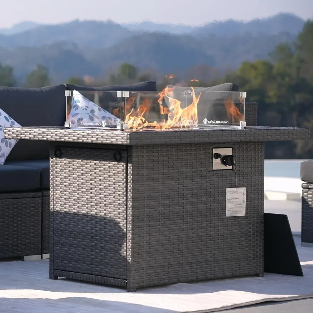 

Wicker Propane Fire Pit Table – 60,000 BTU Large Natural Gas Firepit Table, 43'' Rectangle CSA Fireplace for Deck & Backyard