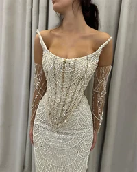 Spaghetti Straps 3 Pieces Suit Mermaid Sequined Evening Dresses Champagne Pearls Beaded Formal Prom Party Gowns Vestido De Gala