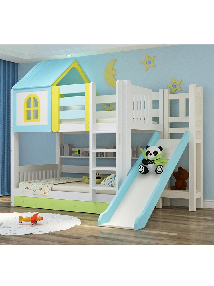 High and low beds Full solid wood bunk  Double children's Mother and child Girl castle hut Slide  Princess