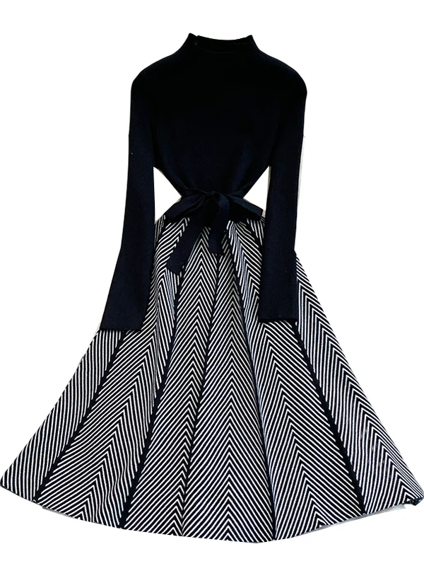 Ele tricoté longue Dr femmes automne hiver minceur rayure taille haute ceinturée Midi Dr Ci trajet a-ligne jupe