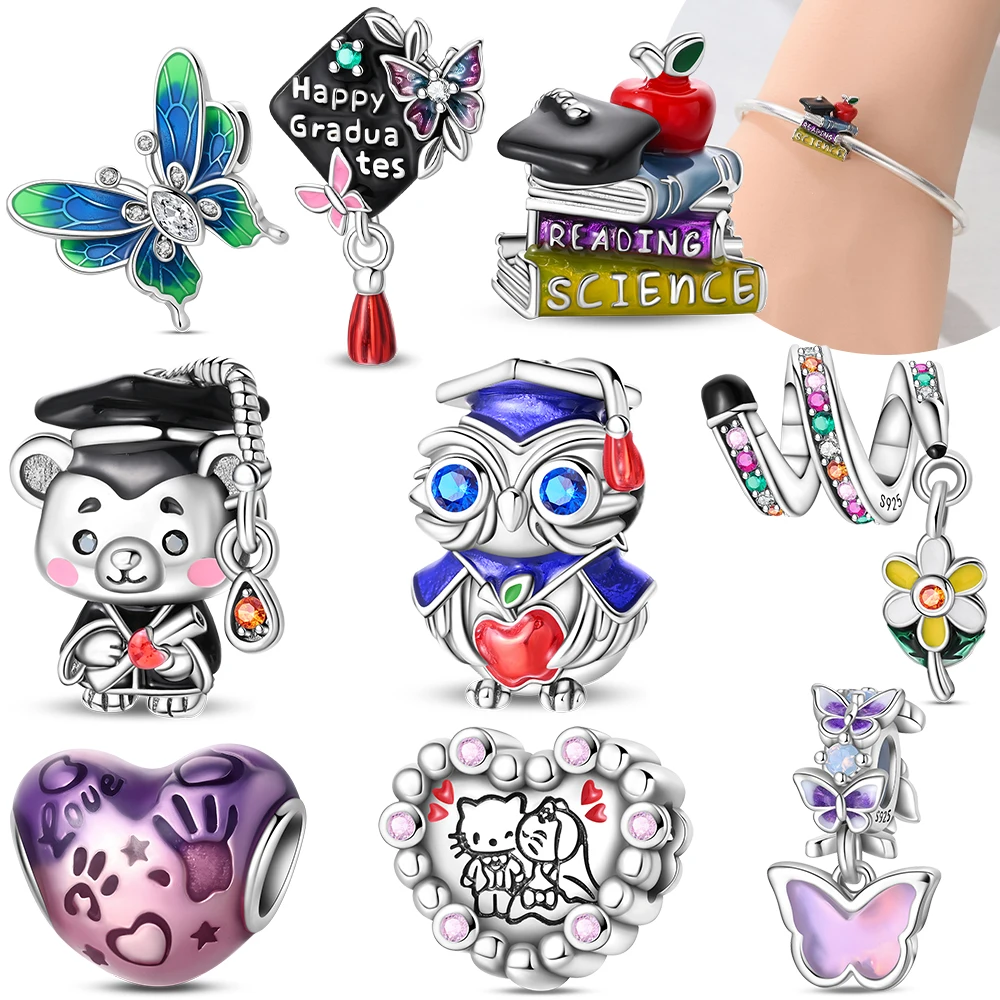 

Original Pink Butterfly Pendant Baby Panda Owl Graduation Heart Symbol Charm 925 Silver Bead Fit Bracelet Women Jewelry Diy Gift
