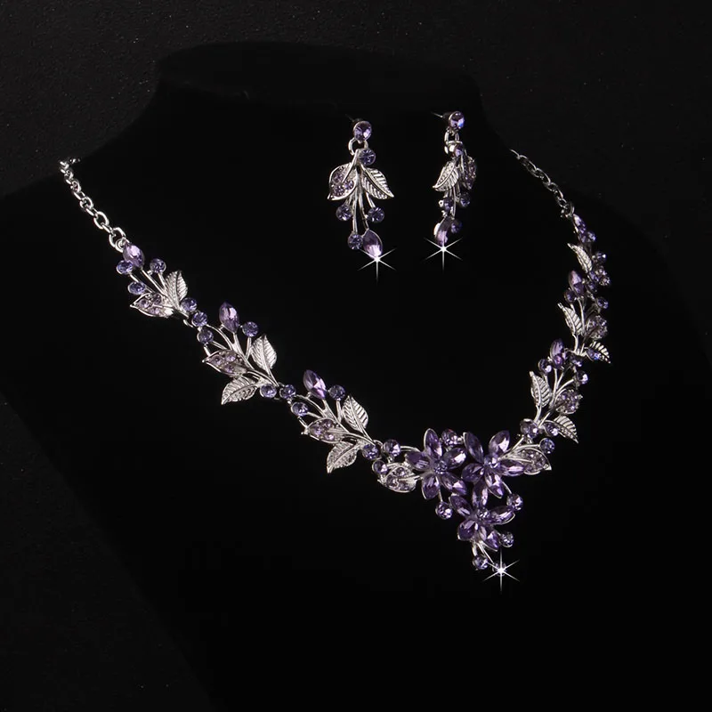 Bridal Accessories Women's Wedding Dress Wedding Accessories Purple Leaf shaped Flower Necklace Earring Set Wedding Chain Stage