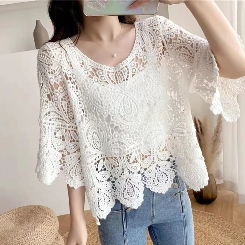 Women French Hollow Out Crochet Knit T-Shirt Summer Flared 3/4 Sleeve Crewneck Floral Lace Loose Blouse Beach Cover Up Tops