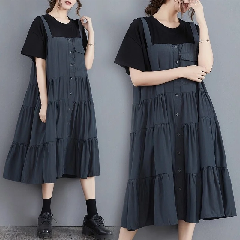 

Летнее платье большого размера, новинка 2025 года, искусственное плиссированное свободное платье средней длины из двух предметов с принтом для женской одежды W314 ﻿