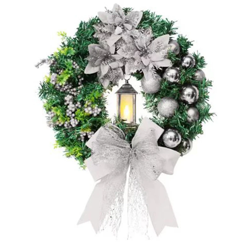 Decoración navideña para puerta delantera: corona artificial iluminada con cinta y bolas