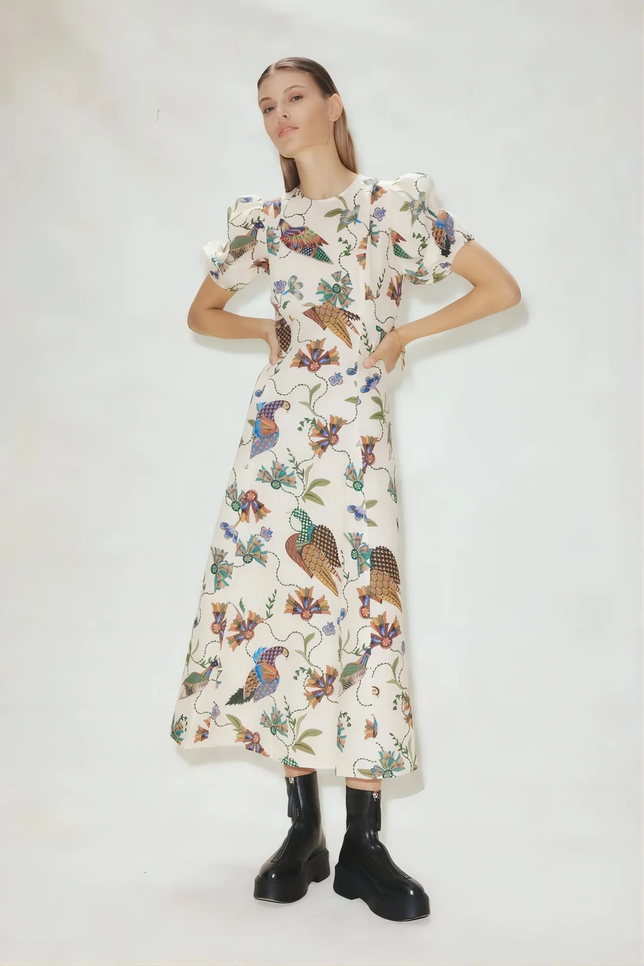 2024 New Personalized Fashion Hundred Birds Print Slim Fit Versatile Dress