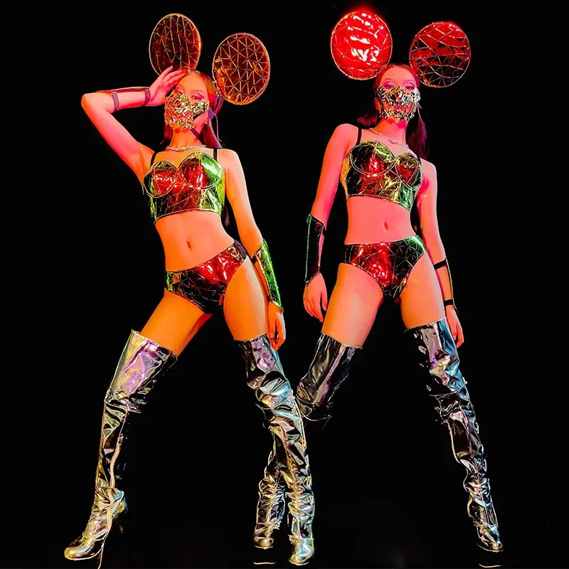 

Sexy Golden Stage Costume Women Nightclub Bar Jazz Performance Outfit Festival Party Rave Wear Gogo Dancer Mask Headwear Bikini