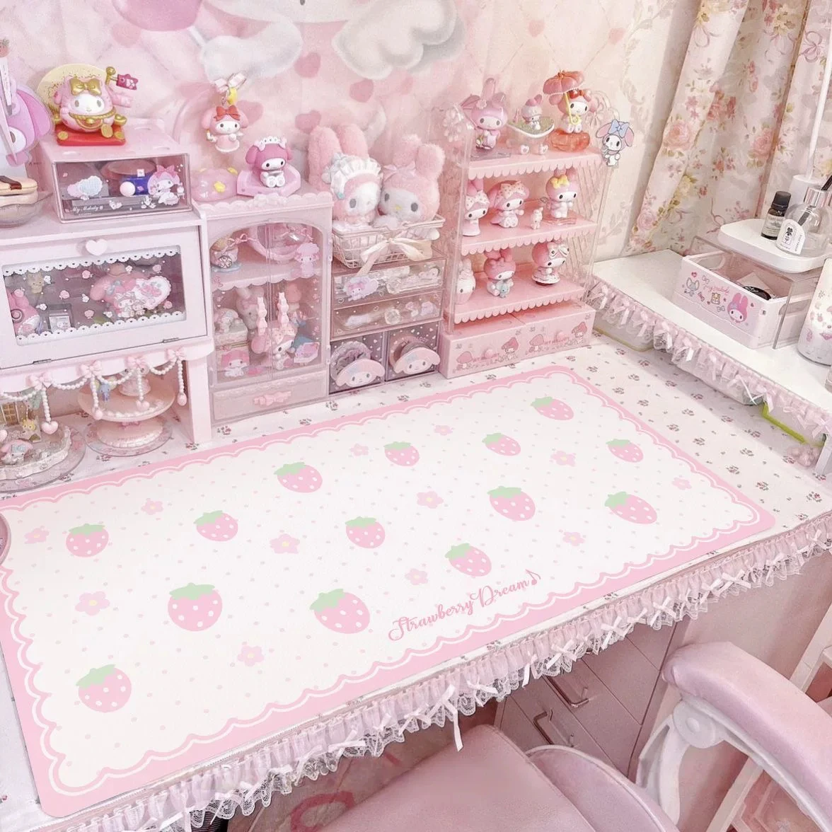 Leather Desk Pad Protector Polka Dots Pink Strawberry Kawaii Mouse Pad Office Desk Mat Waterproof Non-Slip PU Desk Blotter Pad