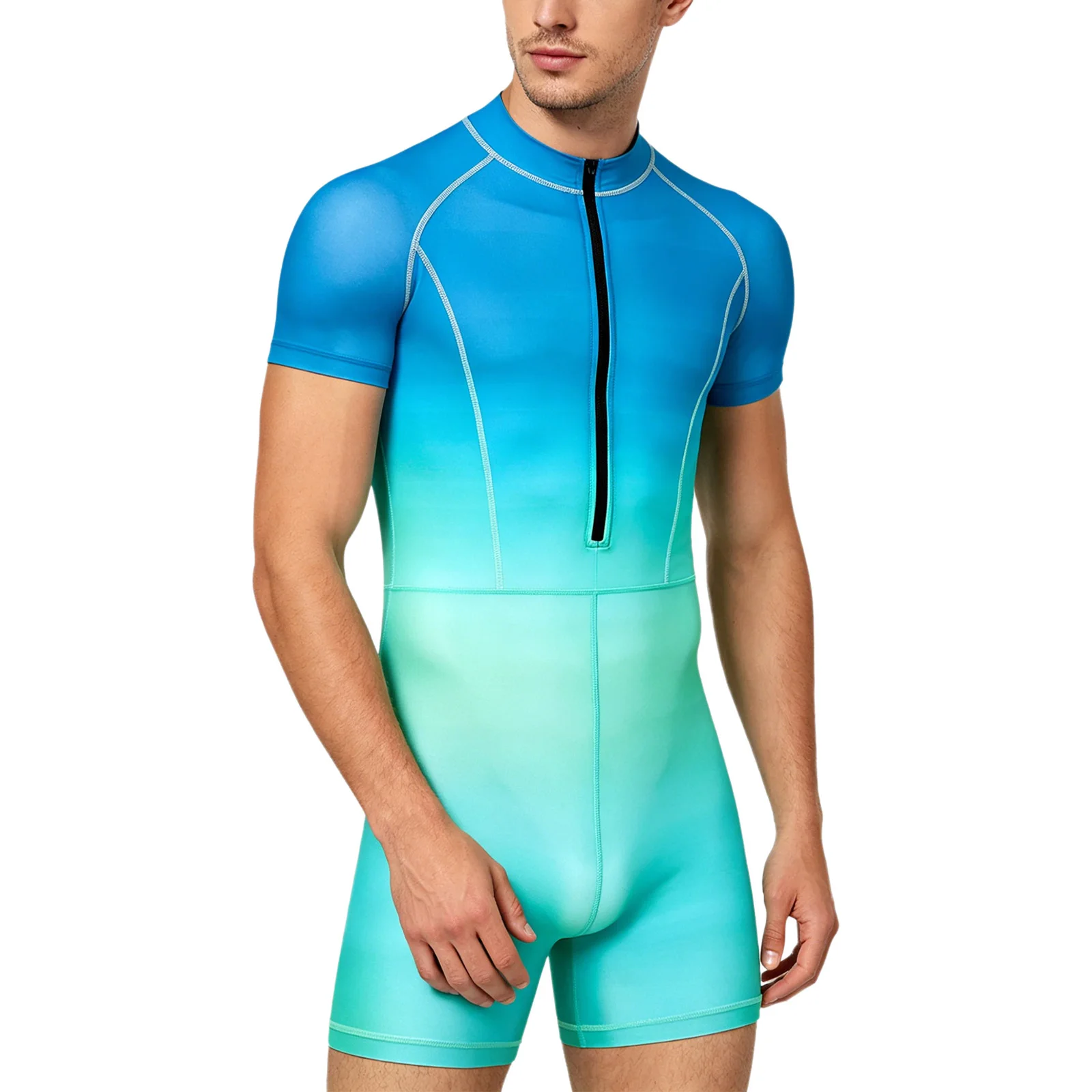 Men Gradient Color Zipper Bodysuit One-piece Swimwear Rash Guard Wetsuit Bathing Suit Swimsuit for Beach Pool Surfing Diving