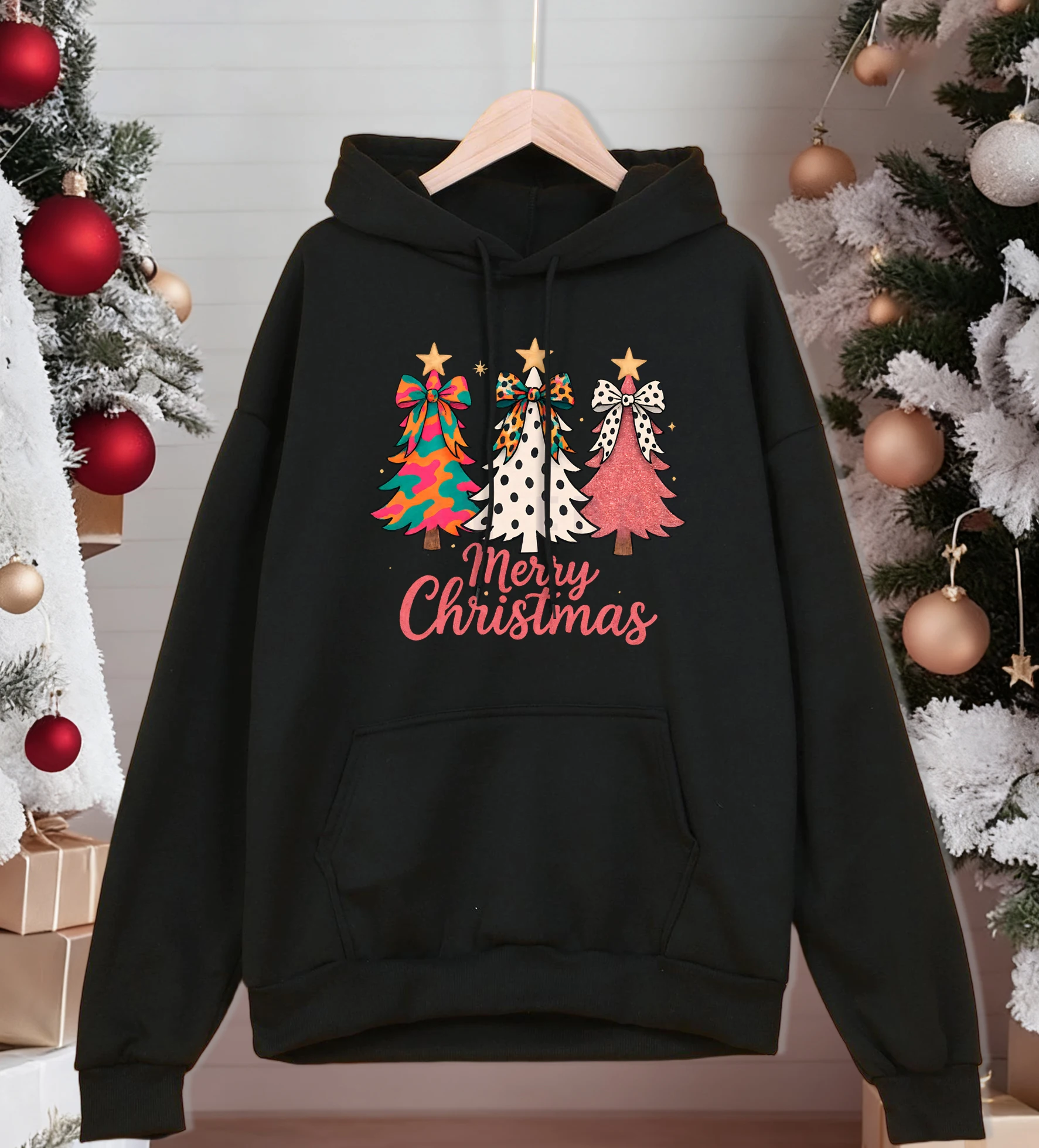 عيد ميلاد سعيد أشجار القوس الملونة طباعة هوديس الرجال الصوف المتضخم الشارع الشهير كل مباراة جيب هودي الخريف ملابس كاجوال