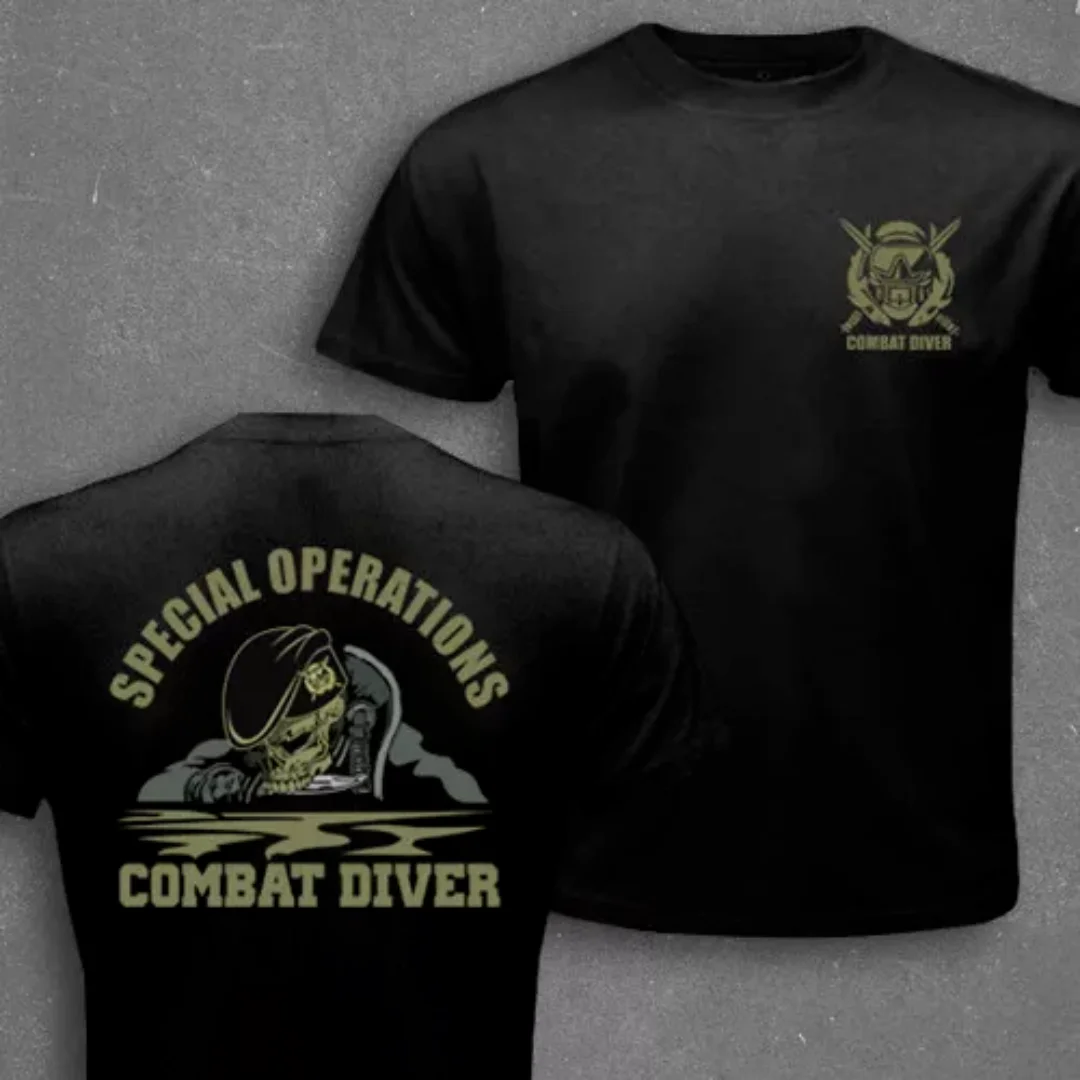 US Marine Corps Special Forces Combat Diver Same Skull Pattern Print Short Sleeve Cotton T-Shirt Men's and Women's Casual Top
