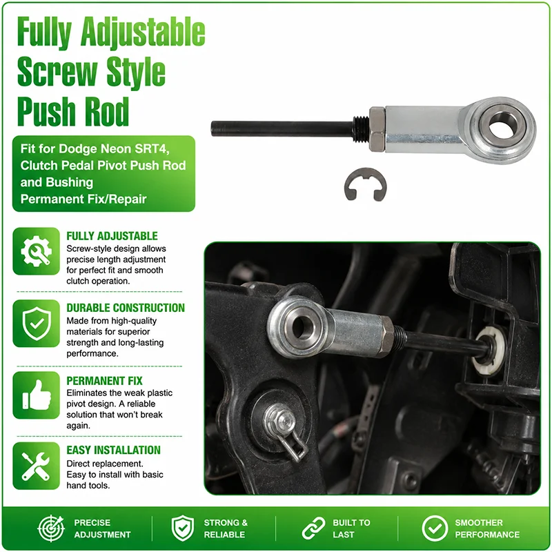 Fully Adjustable Screw Style Push Rod Fit for Dodge Neon SRT4, Clutch Pedal Pivot Push Rod and Bushing Permanent Fix/Repair
