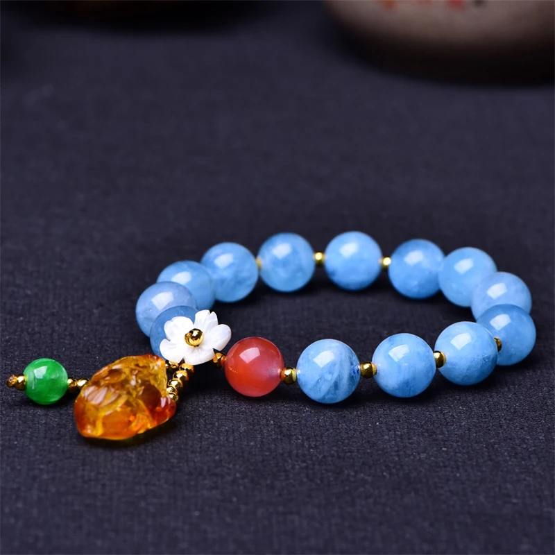 11MM Natural Aquamarine Bead Beeswax Pixiu Bracelet Fashion Reiki Gemstone Round Beads Jewelry Couple Gift 1PCS