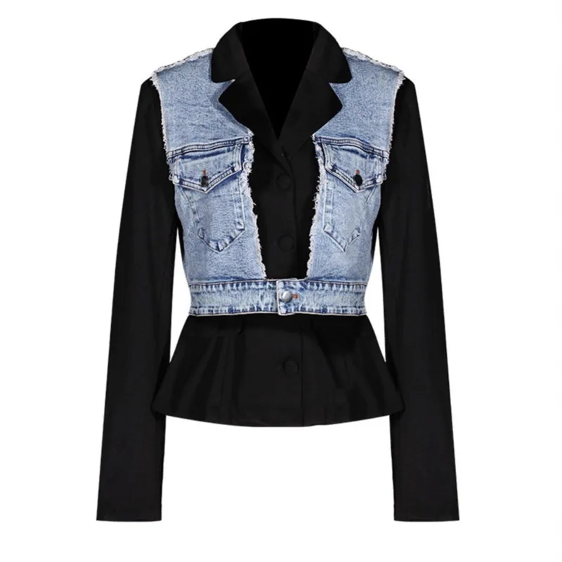 Anjy outono inverno novas mulheres high-end denim retalhos tendência blazer moda design exclusivo fino ajuste versátil jaqueta casual a13838