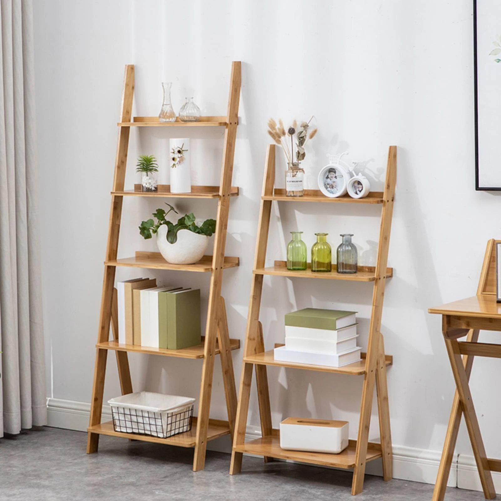 

Bamboo Ladder Shelf Multi Tier Ladder Bookshelf Floor Standing Shelf Space Saving Leaning Bookcase Sturdy for Living Room