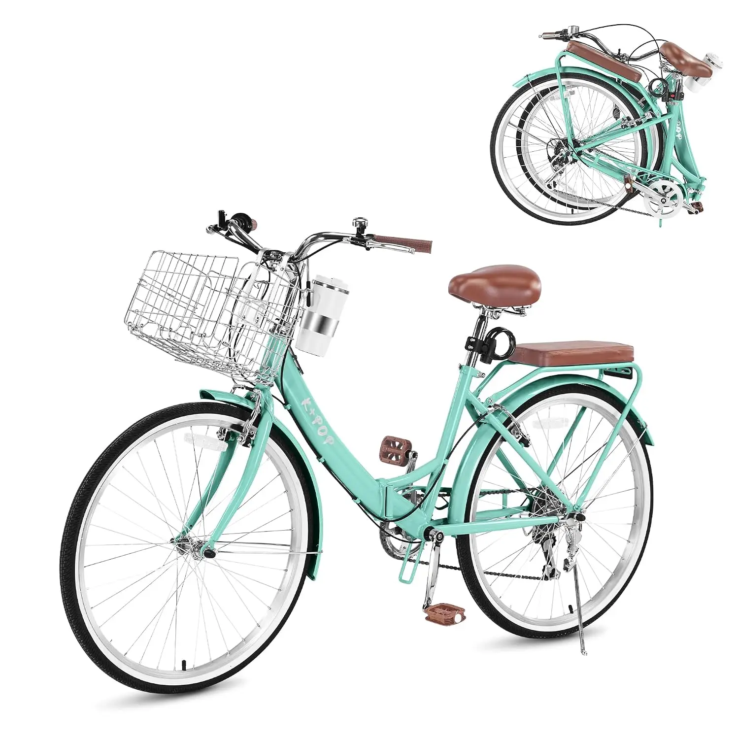 24/26 Inch Folding Beach Cruiser Bike for Women, 7-Speed Foldable Bicycle with Basket & Cup Holder, Adult Commuter Bike