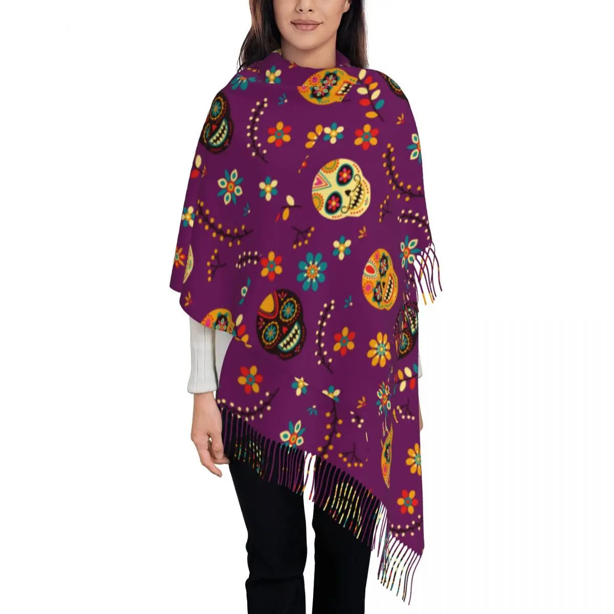 Sugar Skull Halloween Scarf for Womens Winter Fall Shawl Wrap Day of the Dead Mexican Long Shawl Scarf for Daily Wear