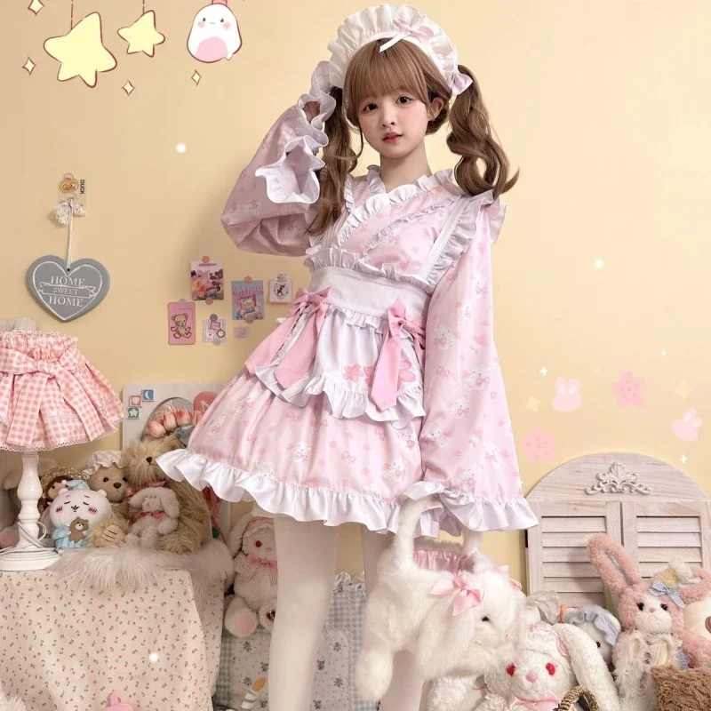 Robe Lolita Japonaise Kawaii avec Nministériels d Imprimé Lapin pour Femme, Mini Robe de Soirée, Harajuku Y2k, Volants avec Tablier, Ensemble Lolita