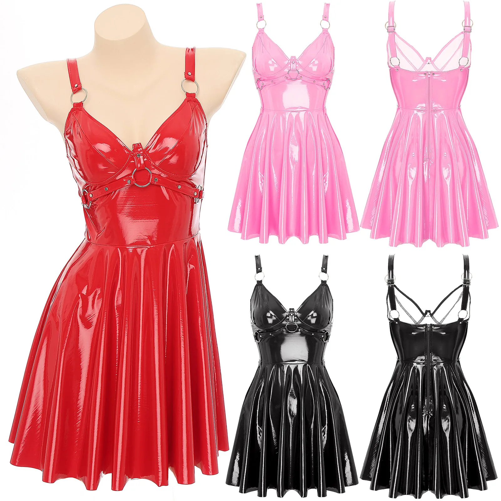 Womens V-Neck A-Line Slip Dress Wet Look Patent Leather O-Ring Rivets Strappy Mini Dress Clubwear Gothic Party Dress