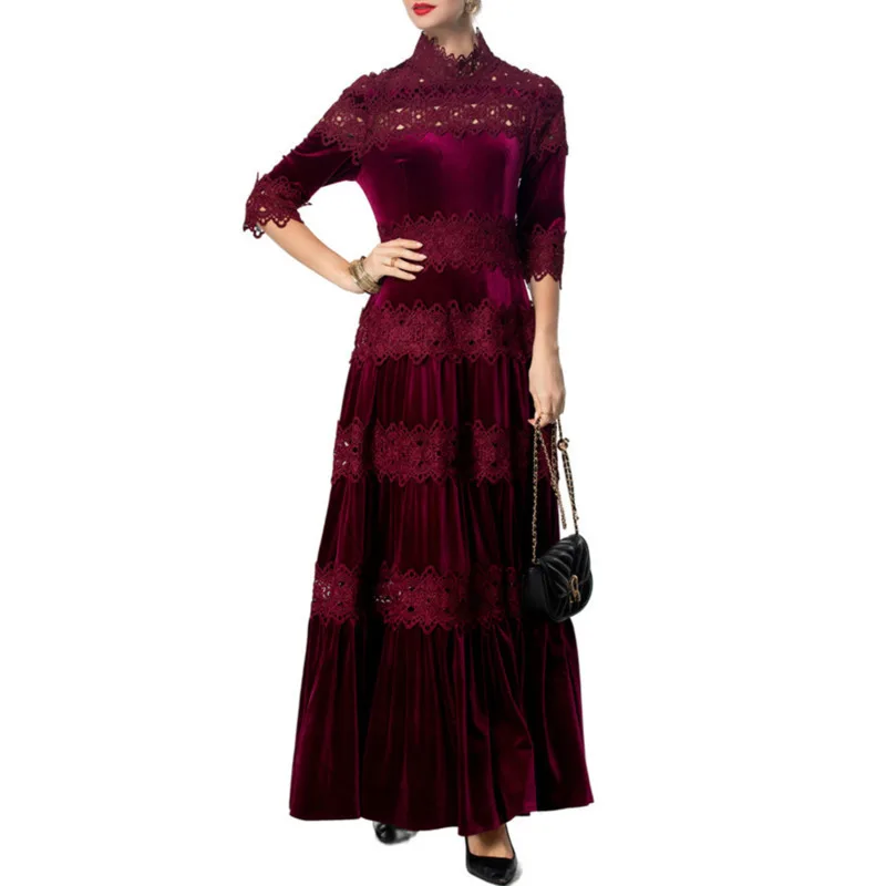 QMQA Fashion Women's Elegant Velvet Dresses Stand Collar Mid Sleeve Water Soluble Hook Flower Hollow Dress Autumn Clothing 1A231