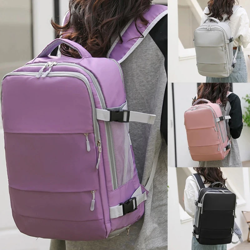 Mochila de viaje de gran capacidad para mujer, bolso de día informal, impermeable, antirrobo, con correa de equipaje y puerto de carga USB