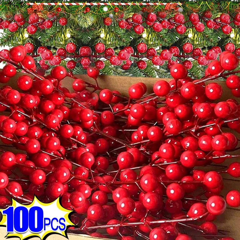 100/1pcs Artificial Holly Berries Stems Christmas Fake Plant Gold Red Berry Branch Ornament DIY Wreath Xmas Tree Home Decoration