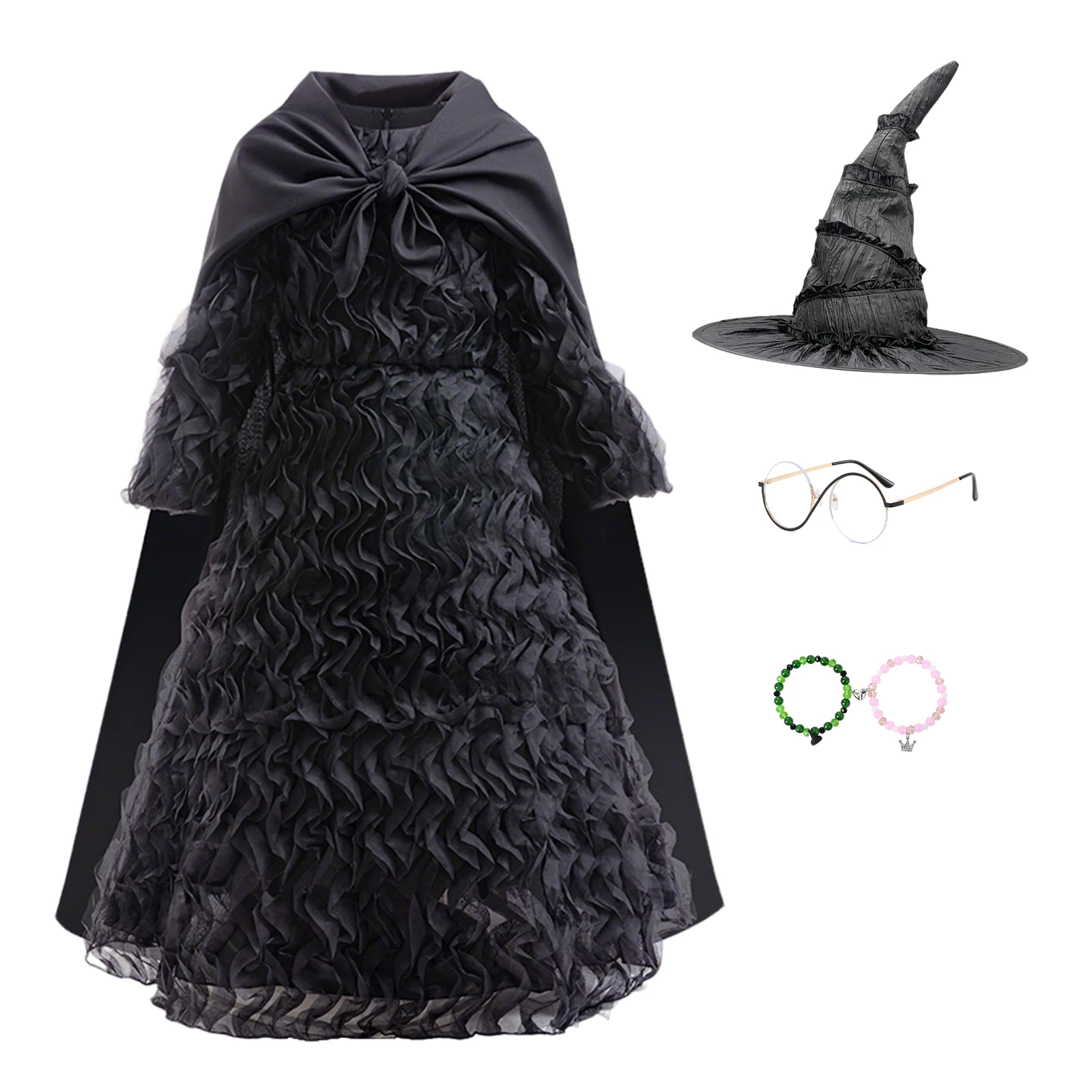 

Children Costume Wicked Witch Black Princess Dress With Cloak Hat Eyeglasses 4Pcs Sets Carnival Halloween Cosplay Costumes