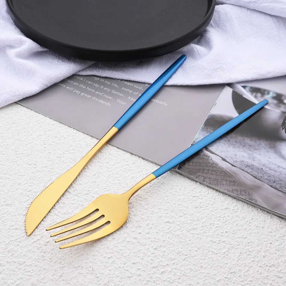 Blue Gold 5Pcs Dinnerware Set Silverware Flatware Knife Dessert Fork Spoon Stainless Steel Cutlery Set Tableware Party Set