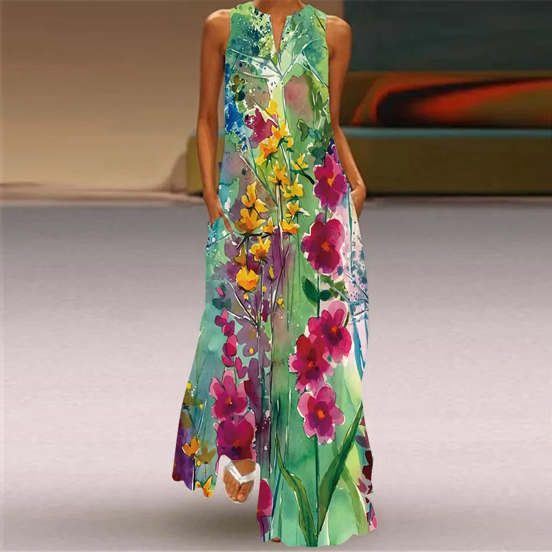 

Summer Women's Fashion Sleeveless Pocket Bohemian Style Long Dresses Women's Casual Sunflower Print V-neck Loose Vestiods S-3XL