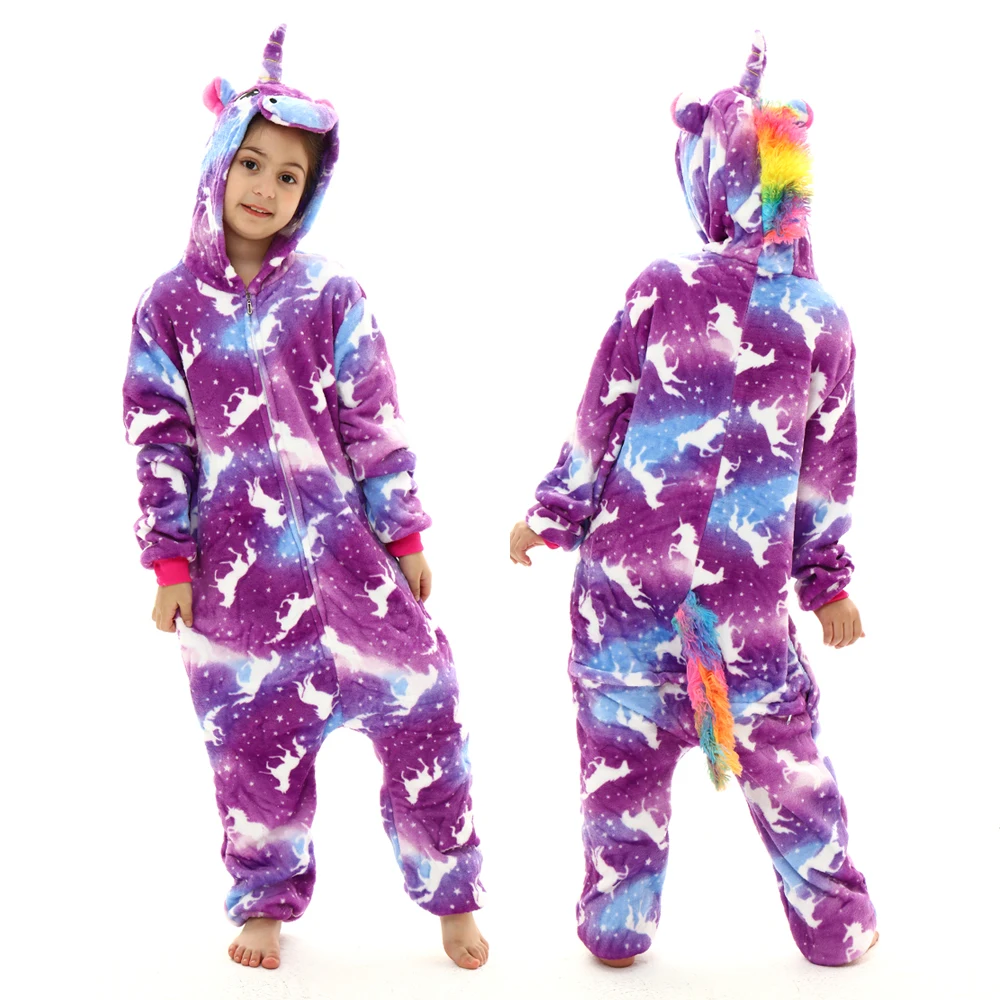 Flannel Winter Warm Rainbow Unicorn Kigurumi Pajamas Girls Sleepwear One Piece Hooded Jumpsuits Cosplay Costume Kids Onesies