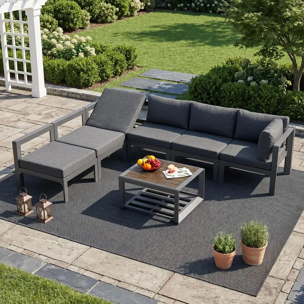 

Pcs Metal Aluminum Patio Furniture Set Adjustable Corner Sofa with Coffee Table Outdoor Luxury Conversation Sofa Set, Gray