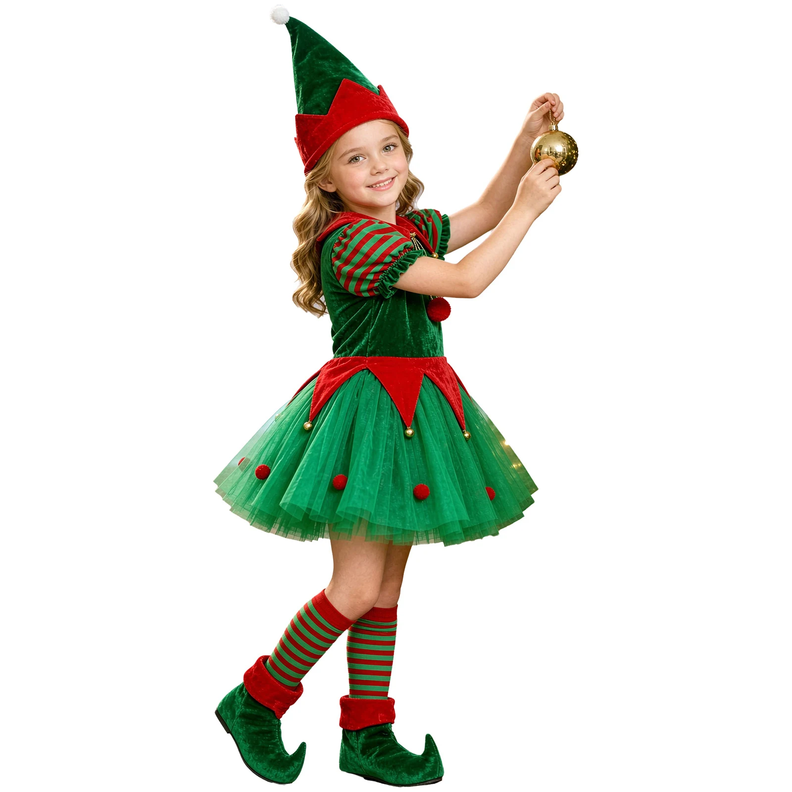 Kids Girls Christmas Elf Costume Short Puff Sleeves Velvet Bodice Tulle Dress with Hat Socks Shoe Covers for Stage Performance