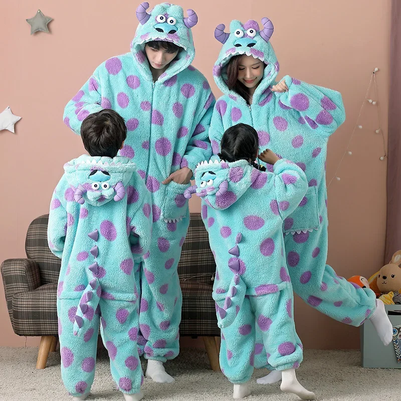 High Quality Thick Fleece Couple Look Monster Jumpsuit Sleeping Bag Winter Mother Daughter Pajamas Loungewear Kids Home Outfit