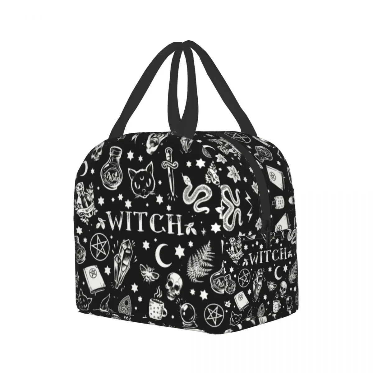 Witch Pattern Insulated Lunch Bag for Work School Halloween Cat SKull Waterproof Cooler Thermal Lunch Box Women Kids Picnic Bags