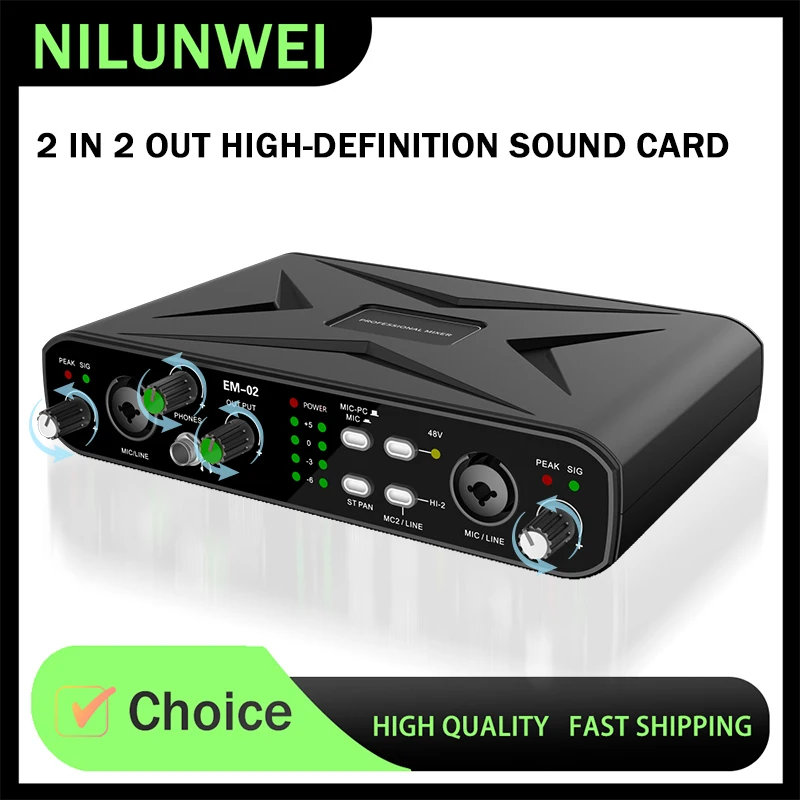 EM-02 Audio Interface, 2-Channel USB Sound Card with 48V Pha