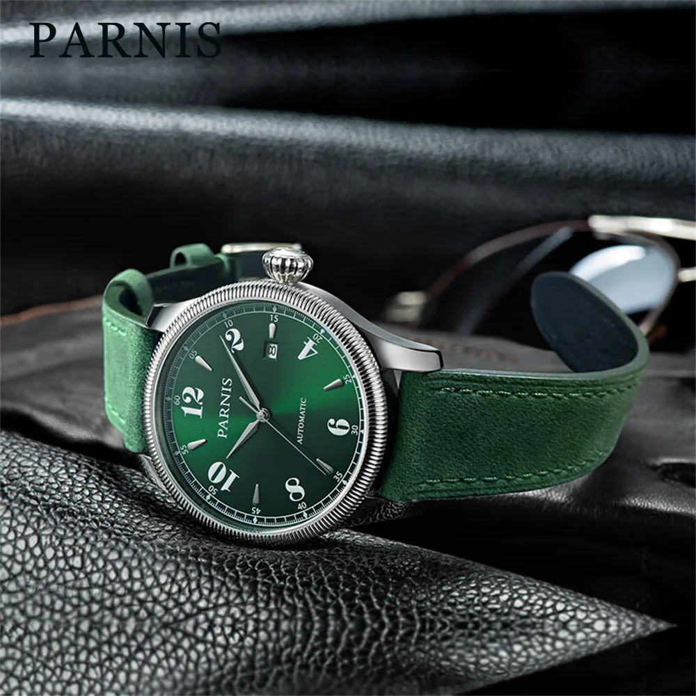 

Parnis 2024 New 42mm Silver Case Men Mechanical Automatic Watch Green Leather Strap Calendar Sapphire Crystal Watch Case