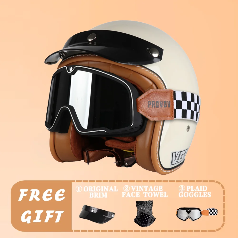 VGV Retro Motorcycle Helmet, Retro Yellow Inner Lining, Removable and Washable, Men's and Women's Daily Travel Safety Helmets