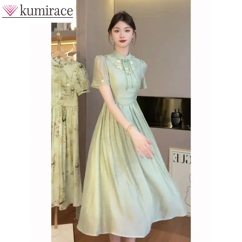 New Chinese Light National Style Green Dress Summer New Women\'s Elegant Women\'s Daily Beauty Improvement Qipao Dress