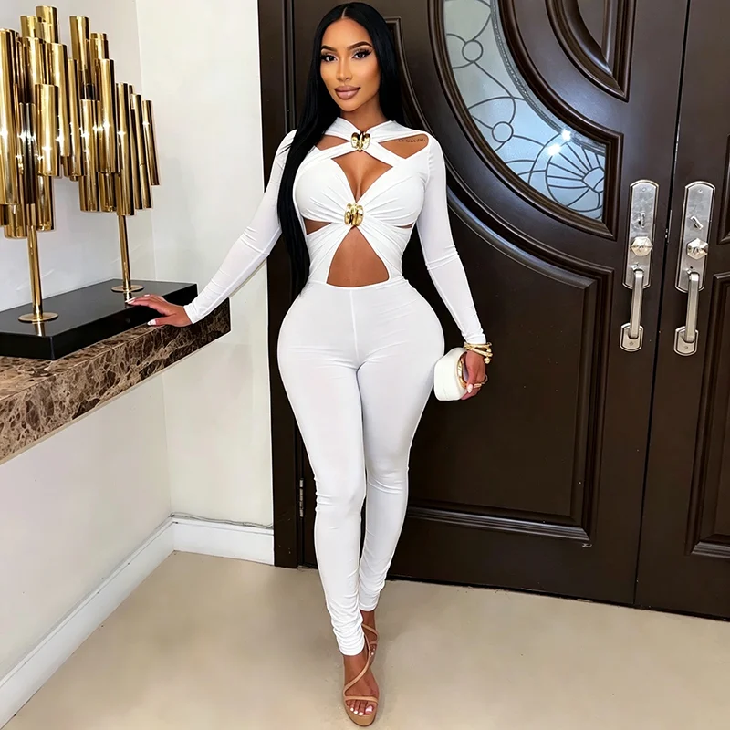 Sexy Hot Girl Crop-Top mit Lochmuster, Metallreißverschluss, Langen Ärmeln und Einfarbigen Leggings – Detail 7