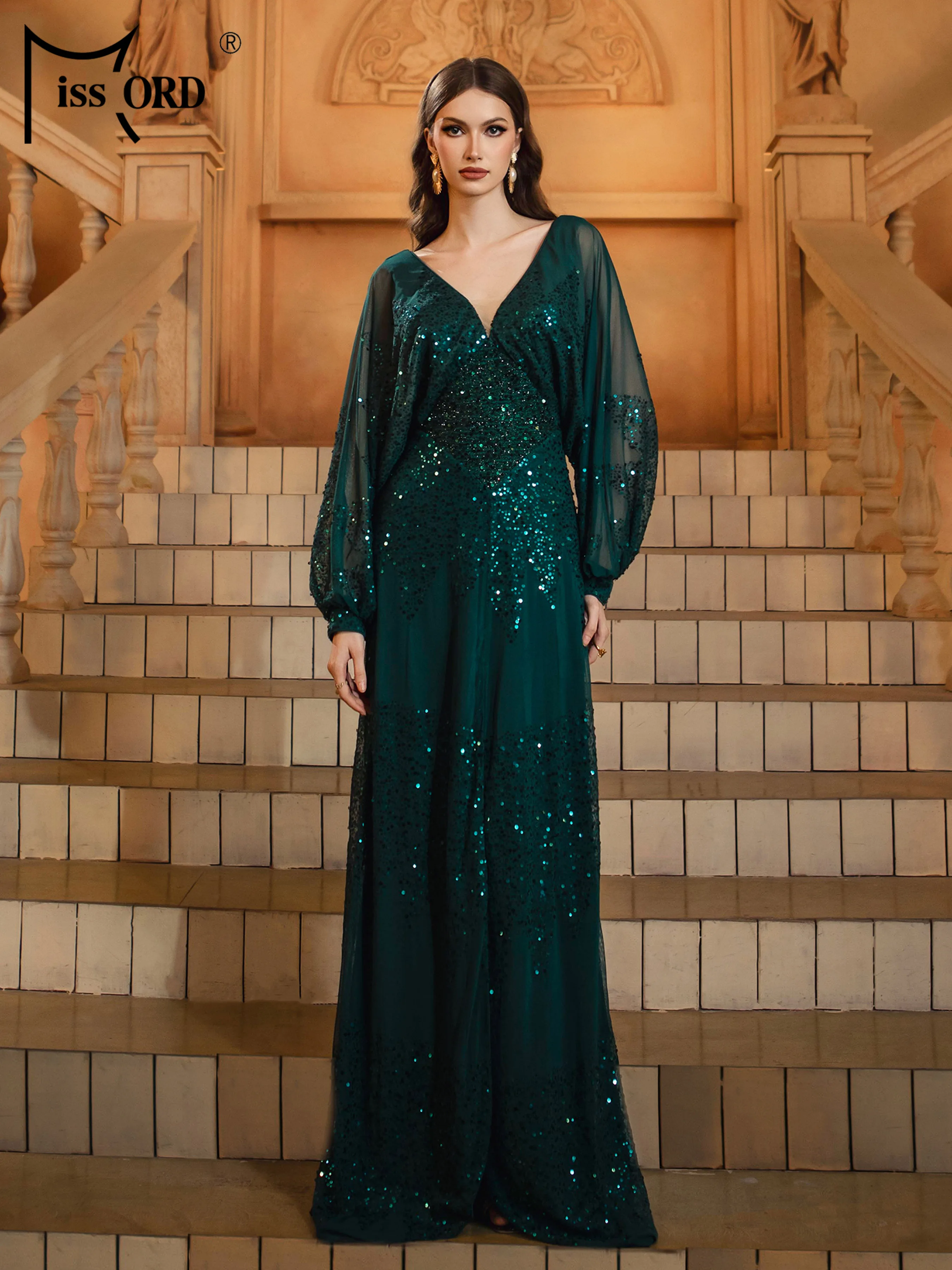 Missord New V Neck Lantern Sleeves Panel Sequin Loose Evening Gown Wedding Birthday Party Graduation Cocktail Ball Maxi Dresses