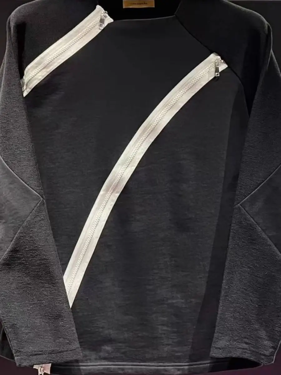 

Повседневная мужская футболка с длинным рукавом и молнией, модный дизайн, весенне-осенний тренд, черный универсальный топ для отдыха для молодежи