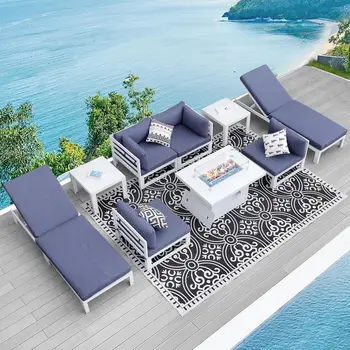 NICESOUL ® 9-piece aluminum terrace furniture set with fire pit table, olefin mat, backyard terrace segmented sofa, 2 mats